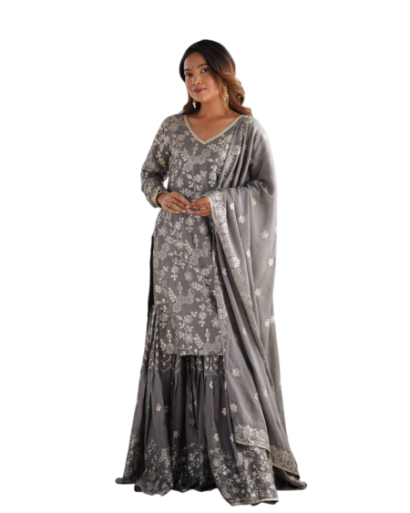 Chinon Silk Embroidery Sequence Work Straight Kurti With Sharara Suit and Dupatta Set For Women -Grey (L)