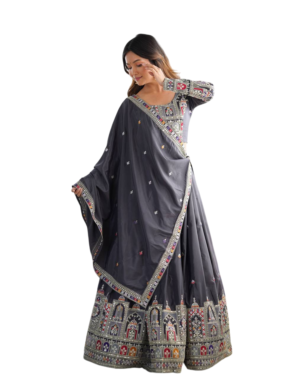 Crepe Silk Sequence Embroidery and Zari Work Rajsthani Lehenga Choli with Dupatta For Women -Black (L)