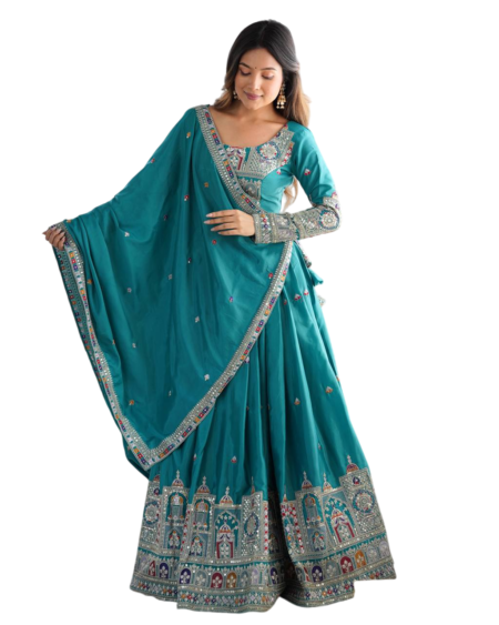 Crepe Silk Sequence Embroidery and Zari Work Rajsthani Lehenga Choli with Dupatta For Women -Aqua Blue (M)