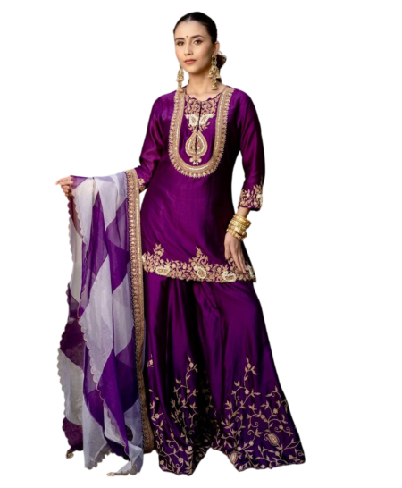 Chinon Silk Sequence Embroidery Work Straight Kurti With Sharara Suit and Dupatta Set For Women -Wine (M)