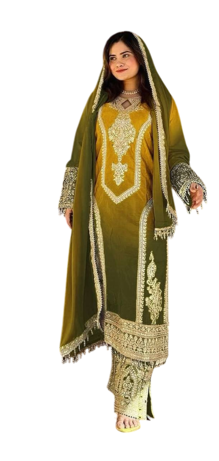 Chinon Silk Embroidery Straight Pakistani Salwar Suit and Dupatta For Women -Green (L)