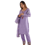 Chinon Silk Sequence And Thread Work Straight Kurti With Pant and Dupatta Set For Women -Purple (M)
