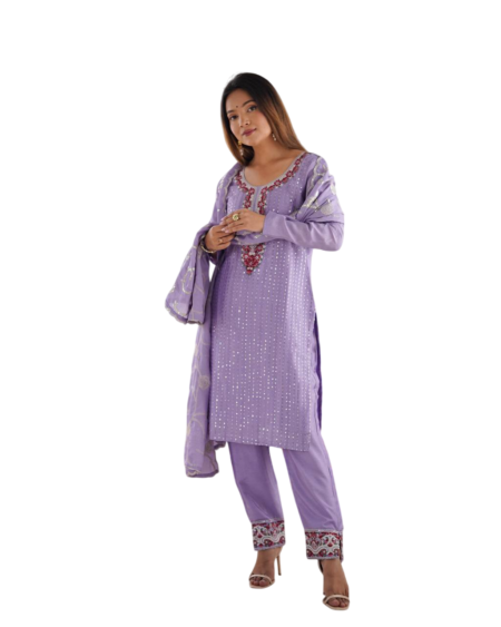 Chinon Silk Sequence And Thread Work Straight Kurti With Pant and Dupatta Set For Women -Purple (M)