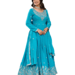 American Silk Sequence Embroidery Long Anarkali Kurti Gown With Dupatta -Aqua Blue (M)