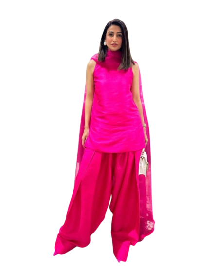 Fendi Silk Solid Semi Stitched Sleeveless Kurti With Salwar and Dupatta Set For Women -Pink (M)