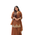 Georgette Sequence Moti Work Straight Kurti With Salwar and Dupatta Set For Women -Brown (M)