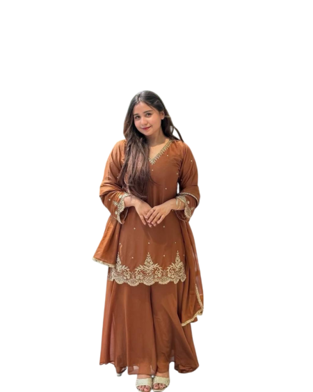 Georgette Sequence Moti Work Straight Kurti With Salwar and Dupatta Set For Women -Brown (M)