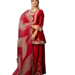 Chinon Silk Sequence Embroidery Work Straight Kurti With Sharara Suit and Dupatta Set For Women -Red (M)