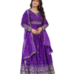 American Silk Sequence Embroidery Long Anarkali Kurti -Gown) With Dupatta For Women -Purple (M)