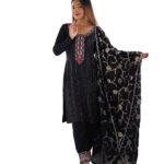 Chinon Silk Sequence And Thread Work Straight Kurti With Pant and Dupatta Set For Women -Black (M)