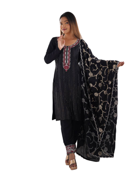 Chinon Silk Sequence And Thread Work Straight Kurti With Pant and Dupatta Set For Women -Black (M)