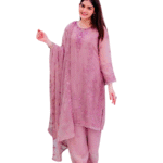 Faux Georgette Embroidery work Straight Kurti With Pant and Dupatta Set For Women -Onion Pink (M)