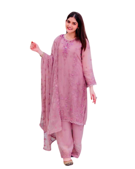 Faux Georgette Embroidery work Straight Kurti With Pant and Dupatta Set For Women -Onion Pink (M)