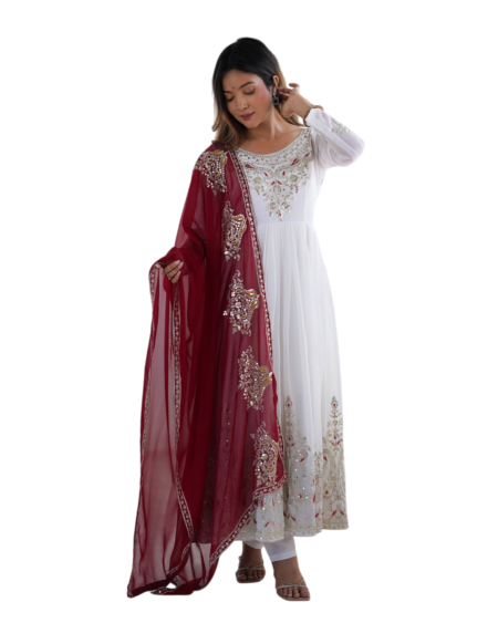 Georgette Embroidery Sequence Work Anarkali Kurti With Dupatta Set For Women -White (M)