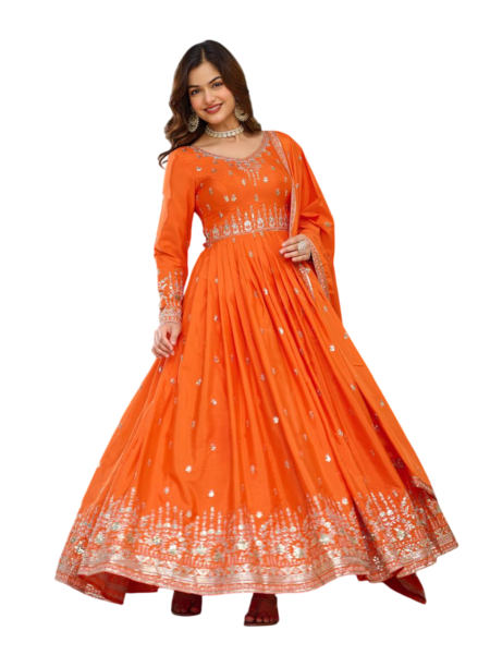 American Silk Sequence Embroidery Long Anarkali Kurti -Gown) With Dupatta For Women -Orange (M)